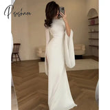 Elegant Long Chiffon Pleated Evening Dresses With Sleeve Sheath Ivory Middle East Floor Length Prom