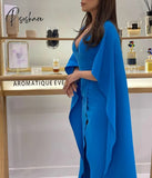 Elegant Long Crepe Blue Evening Dresses Sheath V-Neck Pleated Floor Length Prom For Women / 2