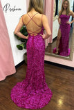 Elegant Long Fuchsia Sequined Prom Dresses With Slit Mermaid Sweep Train Evening Robe De Soirée