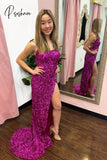 Elegant Long Fuchsia Sequined Prom Dresses With Slit Mermaid Sweep Train Evening Robe De Soirée