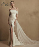 Elegant Long Off Shoulder Satin Wedding Dresses Mermaid Tulle Pleated Sweep Train Bridal Gowns With