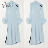 Elegant Long One Shoulder Light Blue Evening Dress With Feathers Muslim Mermaid Crepe Pleats Robe