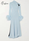 Elegant Long One Shoulder Light Blue Evening Dress With Feathers Muslim Mermaid Crepe Pleats Robe