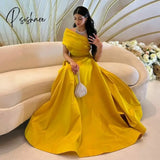 Elegant Long One Shoulder Yellow Evening Dress With Pockets Muslim A-Line Floor Length Robe De