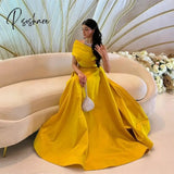 Elegant Long One Shoulder Yellow Evening Dress With Pockets Muslim A-Line Floor Length Robe De