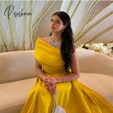 Elegant Long One Shoulder Yellow Evening Dress With Pockets Muslim A-Line Floor Length Robe De