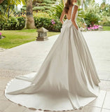 Elegant Long Sqaure Collar Satin Wedding Dresses With Bow A-Line Regular Straps Sweep Train Bridal