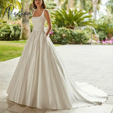 Elegant Long Sqaure Collar Satin Wedding Dresses With Bow A-Line Regular Straps Sweep Train Bridal