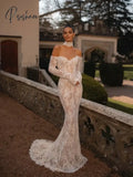 Elegant Off The Shoulder Bride Robe Sparkly Sequins Bridal Gown Classic Lace Mermaid Long Wedding