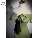 Elegant Olive Green Mermaid Floor Length Evening Party Dress With Black Pearl Tie Off Shoulder Slim