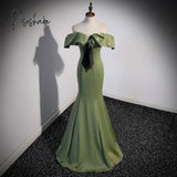 Elegant Olive Green Mermaid Floor Length Evening Party Dress With Black Pearl Tie Off Shoulder Slim