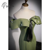 Elegant Olive Green Mermaid Floor Length Evening Party Dress With Black Pearl Tie Off Shoulder Slim