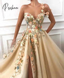 Elegant One Shoulder Prom Dresses Long 3D Floral Lace Applique Beaded Formal Evening Gown Party