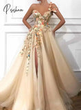 Elegant One Shoulder Prom Dresses Long 3D Floral Lace Applique Beaded Formal Evening Gown Party