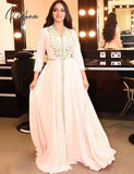 Elegant Pearl Pink Moroccan Kaftan Evening Dresses Long Prom Dress Embroidery A-Line Full Sleeve Arabic Muslim Formal Gowns