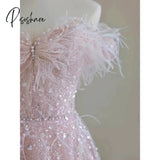 Elegant Pink Bridesmaid Dresses Feather Bow Beading Sequins Pearls Applique Strapless Long A-Line