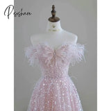 Elegant Pink Bridesmaid Dresses Feather Bow Beading Sequins Pearls Applique Strapless Long A-Line