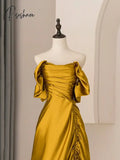 Elegant Pleated Design Vintage Gold A-Line Prom Dress Off Shoulder Evening Party Gown With Ruffles