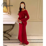 Elegant Red Mermaid Prom Dresses With Long Sleeve Ankle-Length Sweep Train Party Dress Formal