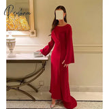 Elegant Red Mermaid Prom Dresses With Long Sleeve Ankle-Length Sweep Train Party Dress Formal Evening Dresses for Women