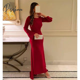 Elegant Red Mermaid Prom Dresses With Long Sleeve Ankle-Length Sweep Train Party Dress Formal