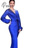 Elegant Royal Blue Evening Dresses Deep V Neck Long Sleeve Arabic Celebrity Prom For Women Party