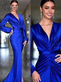 Elegant Royal Blue Evening Dresses Deep V Neck Long Sleeve Arabic Celebrity Prom For Women Party