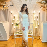 Elegant Sequin Lace Sheath Evening Party Dresses Dubai Arabic Long Sleeves Square Neck Tea Length Women Formal Prom Gowns