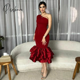 Elegant Short Burgundy Satin Evening Desses Mermaid Crepe One Shoulder Tea Length Ruffled Prom