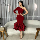 Elegant Short Burgundy Satin Evening Desses Mermaid Crepe One Shoulder Tea Length Ruffled Prom