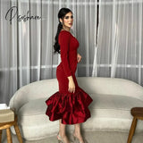 Elegant Short Burgundy Satin Evening Desses Mermaid Crepe One Shoulder Tea Length Ruffled Prom