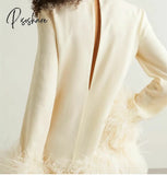 Elegant Short Crepe Evening Dress With Feathers A-Line Long Sleeve Above Knee Length Robe De