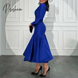 Elegant Short Royal Blue Taffeta Evening Dress With Sleeves Muslim Mermaid Tea Length Robe De