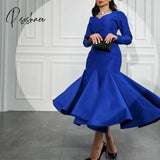 Elegant Short Royal Blue Taffeta Evening Dress With Sleeves Muslim Mermaid Tea Length Robe De