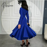 Elegant Short Royal Blue Taffeta Evening Dress With Sleeves Muslim Mermaid Tea Length Robe De