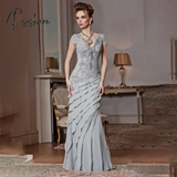 Elegant Short Sleeve Lace  Silver Mother Of The Bride DressesAppliqued Formal Evening Gowns Floor Length Ruffles