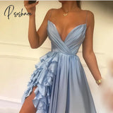 Elegant Turquoise V-Neck Satin Ruffles A-Line Prom Dress Hot Sale Spagetti Straps Long Evening Plus