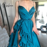 Elegant Turquoise V-Neck Satin Ruffles A-Line Prom Dress Hot Sale Spagetti Straps Long Evening Plus