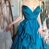 Elegant Turquoise V-Neck Satin Ruffles A-Line Prom Dress Hot Sale Spagetti Straps Long Evening Plus