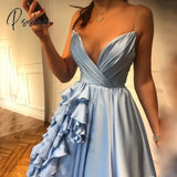 Elegant Turquoise V-Neck Satin Ruffles A-Line Prom Dress Hot Sale Spagetti Straps Long Evening Plus