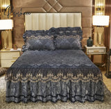 Europe Style Bedding Bed Skirt Pillowcases Sets Gray Velvet Thick Warm Lace Bedspread Sheets