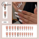 European Fake Nails Women Coffin Mid Length False Tip With Stripe Design Press On Matte Nail Patch