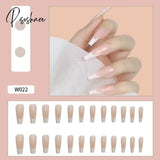 European Fake Nails Women Coffin Mid Length False Tip With Stripe Design Press On Matte Nail Patch