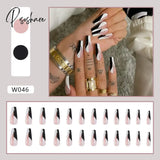 European Fake Nails Women Coffin Mid Length False Tip With Stripe Design Press On Matte Nail Patch