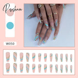 European Fake Nails Women Coffin Mid Length False Tip With Stripe Design Press On Matte Nail Patch