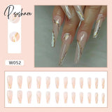 European Fake Nails Women Coffin Mid Length False Tip With Stripe Design Press On Matte Nail Patch