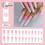 European Fake Nails Women Coffin Mid Length False Tip With Stripe Design Press On Matte Nail Patch