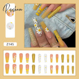 European Fake Nails Women Coffin Mid Length False Tip With Stripe Design Press On Matte Nail Patch