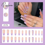 European Fake Nails Women Coffin Mid Length False Tip With Stripe Design Press On Matte Nail Patch