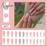 European Fake Nails Women Coffin Mid Length False Tip With Stripe Design Press On Matte Nail Patch